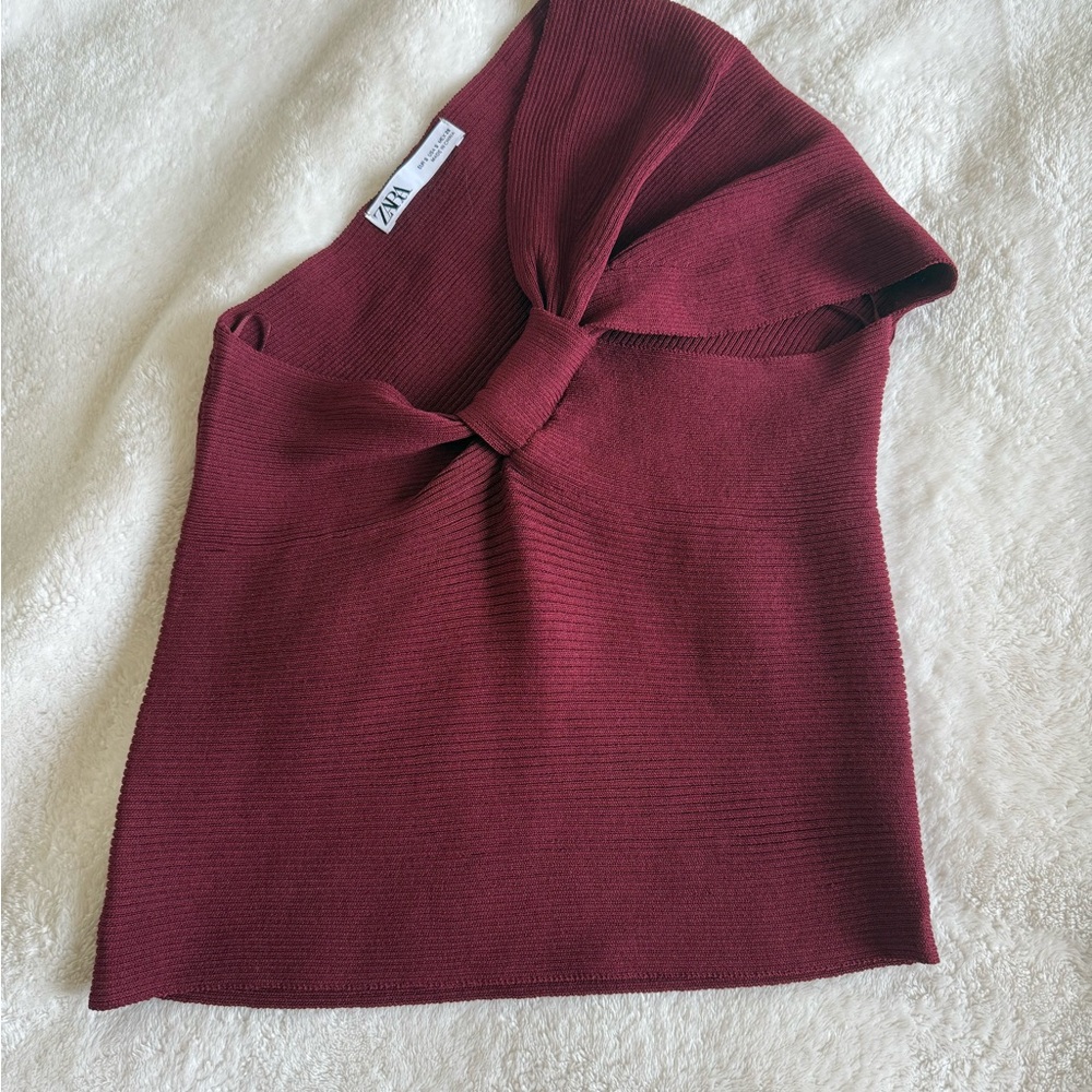 Zara Burgundy One-Shoulder Twist Knit Top